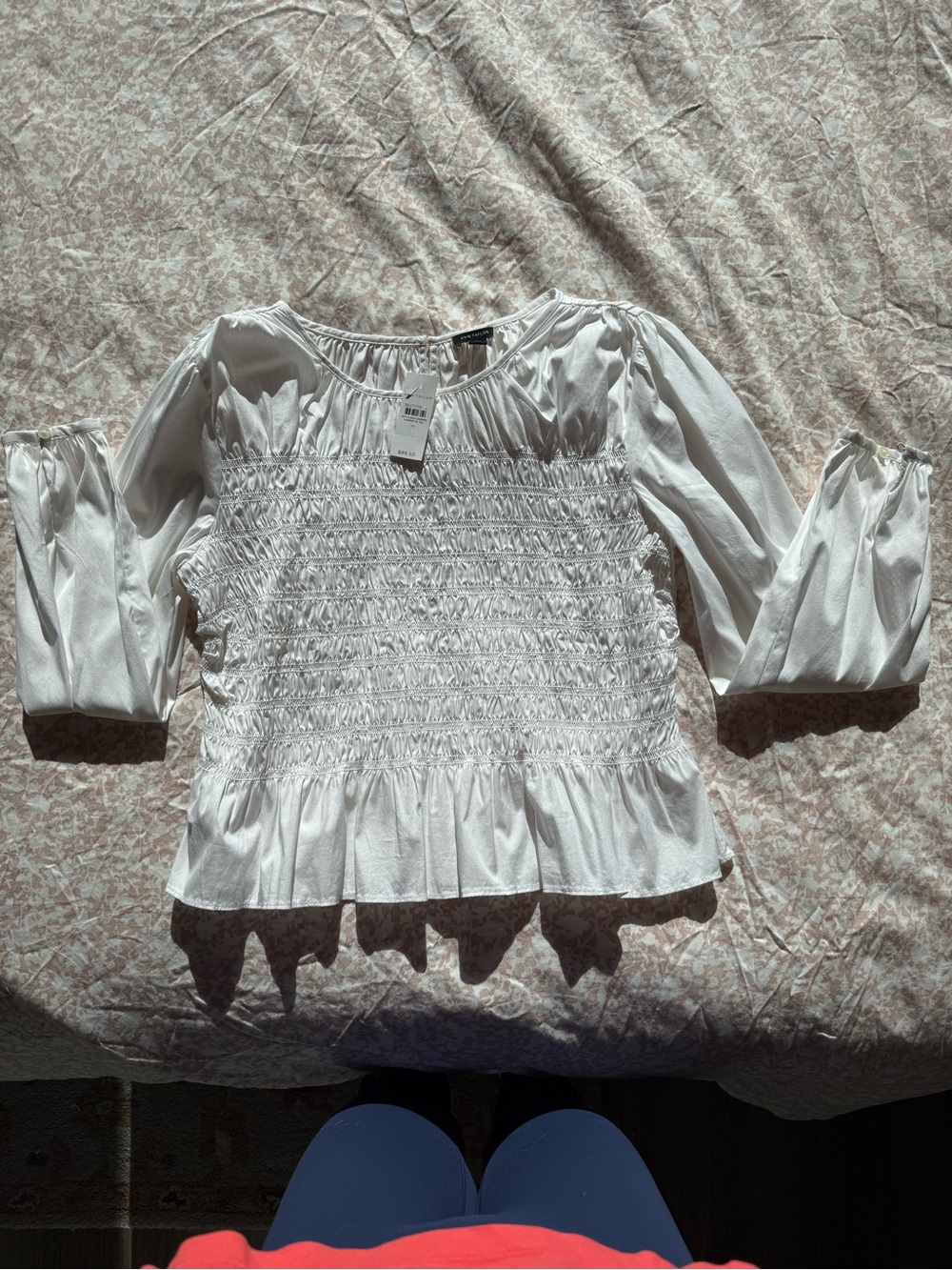 Ann Taylor White Smocked Peplum Blouse